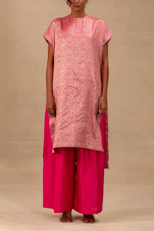 Eeda Pink Silk Brocade Drop Shoulder Kurta Set