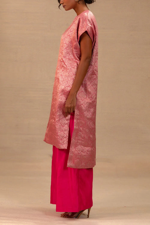 Eeda Pink Silk Brocade Drop Shoulder Kurta Set