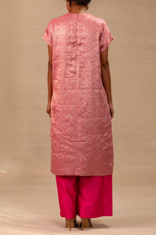 Eeda Pink Silk Brocade Drop Shoulder Kurta Set