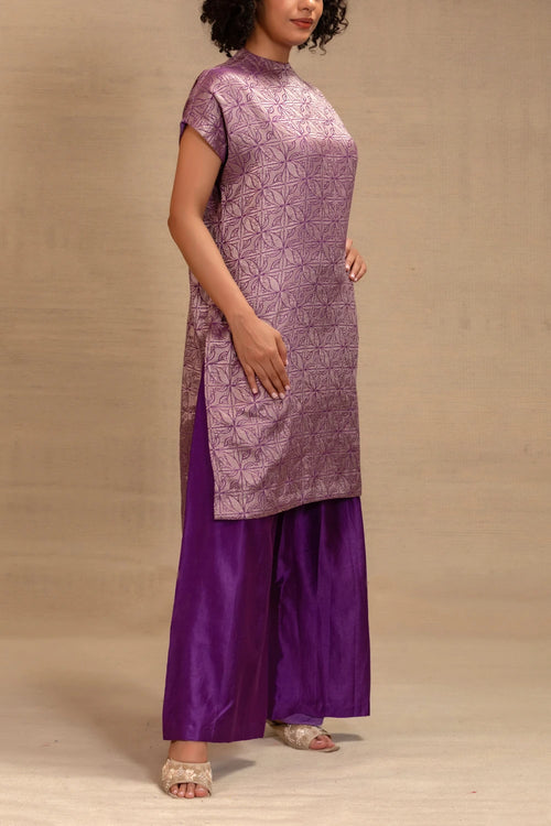 Eeda Purple Silk Brocade Drop Shoulder Kurta Set