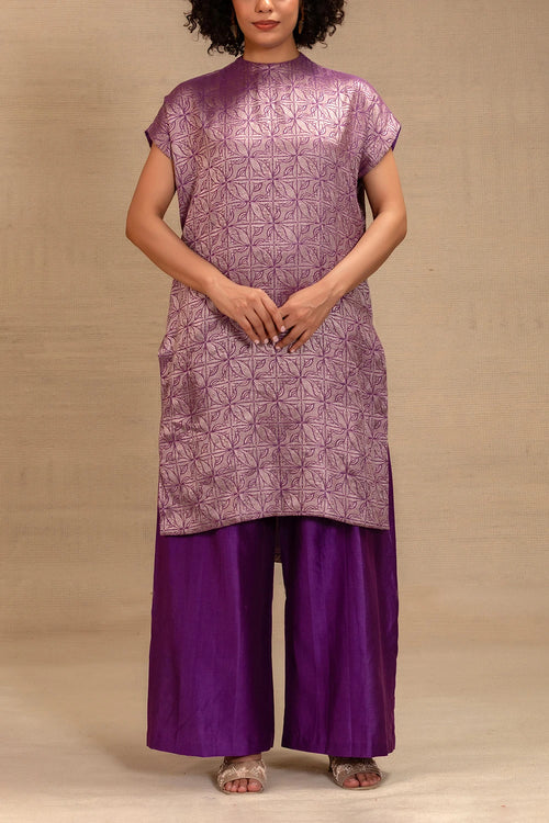 Eeda Purple Silk Brocade Drop Shoulder Kurta Set