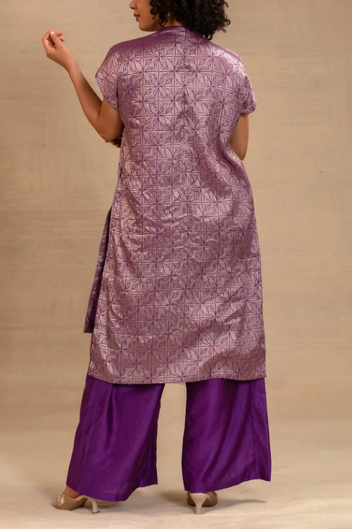 Eeda Purple Silk Brocade Drop Shoulder Kurta Set