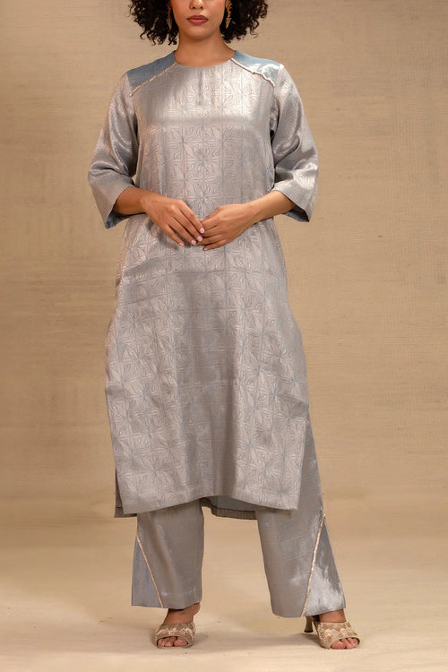 Eeda Blue Silk Brocade Long Kurta Set