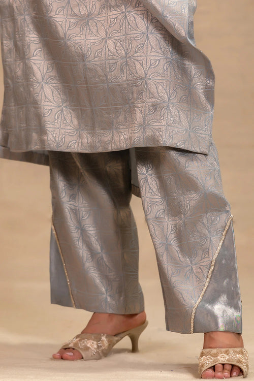 Eeda Blue Silk Brocade Long Kurta Set