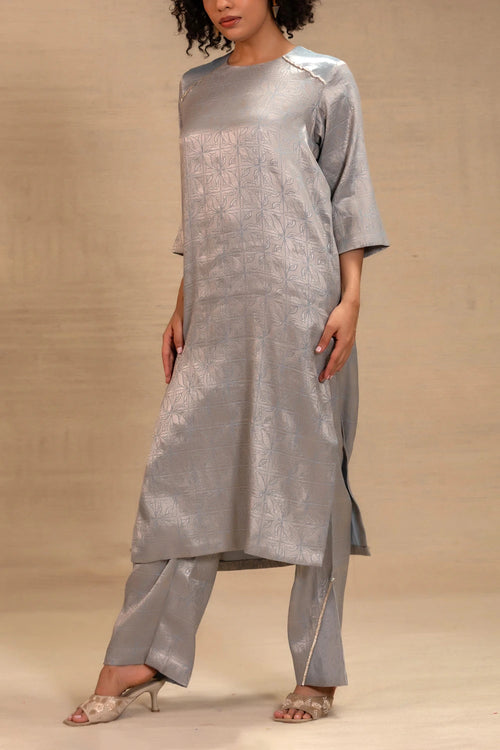 Eeda Blue Silk Brocade Long Kurta Set