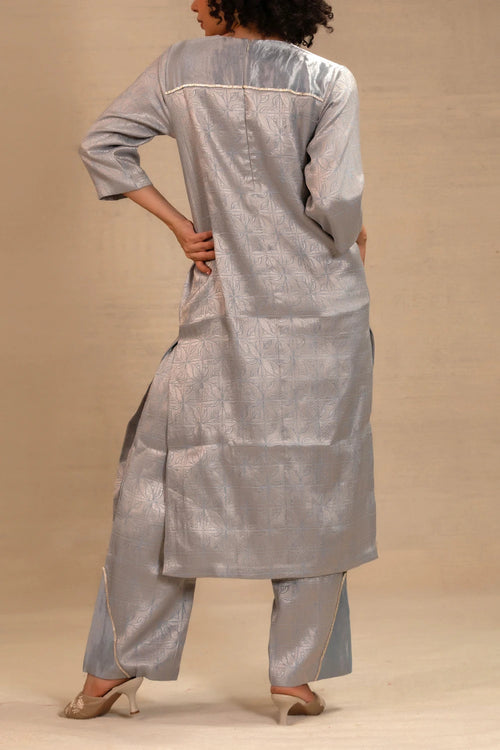 Eeda Blue Silk Brocade Long Kurta Set