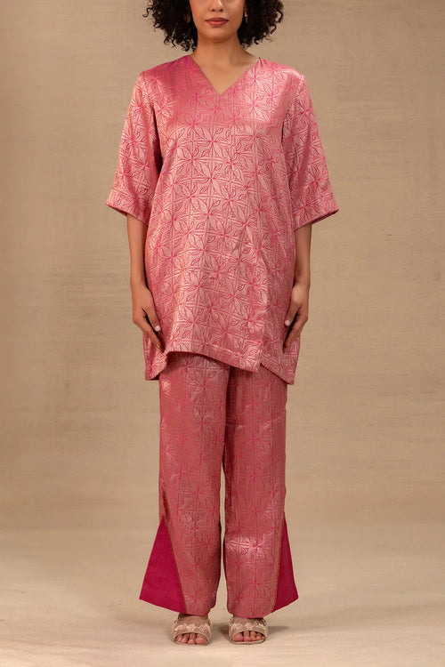 Eeda Pink Silk Brocade Short Kurta Set