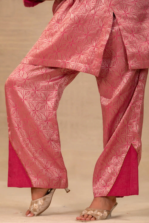 Eeda Pink Silk Brocade Short Kurta Set