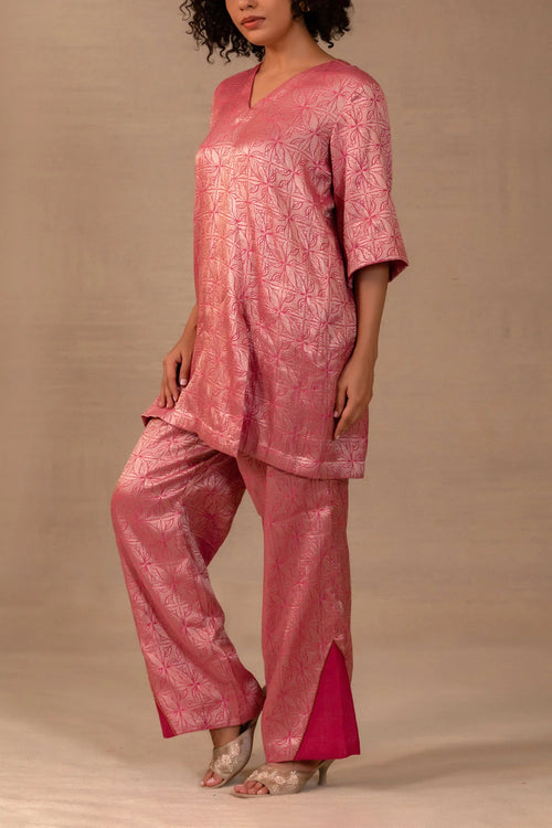 Eeda Pink Silk Brocade Short Kurta Set