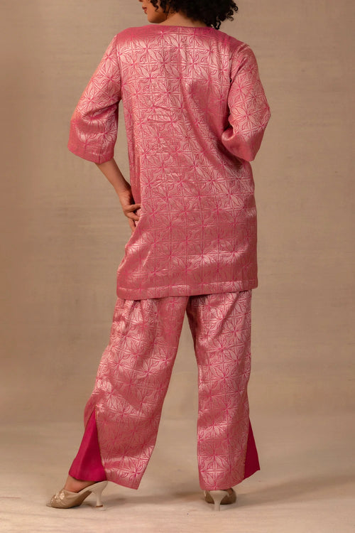 Eeda Pink Silk Brocade Short Kurta Set