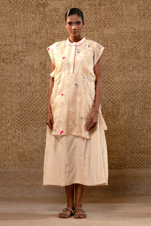 Taral Off White A-Line Organza Applique Dress