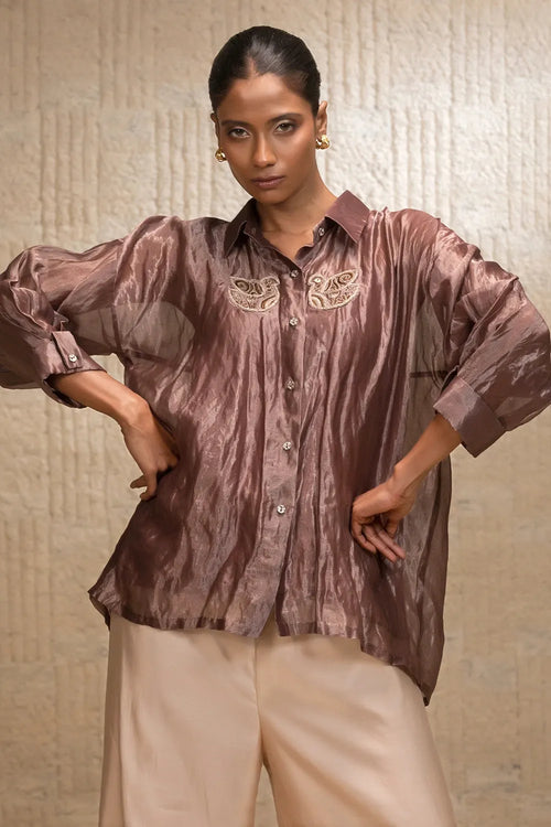 Brown Tissue Stripe Bird Shirt Shirt Set