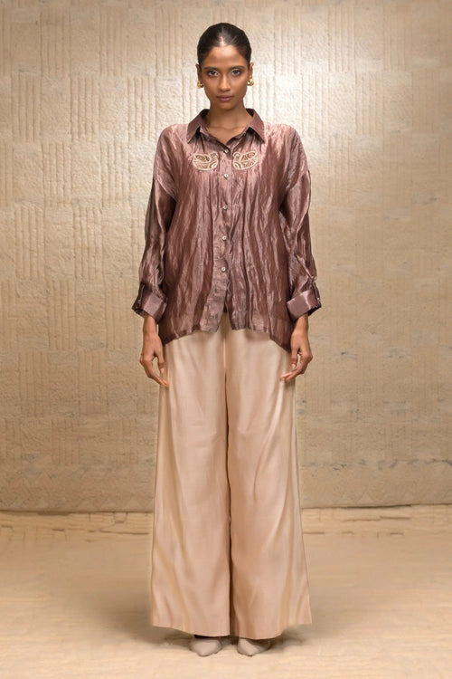 Brown Tissue Stripe Bird Shirt Shirt Set