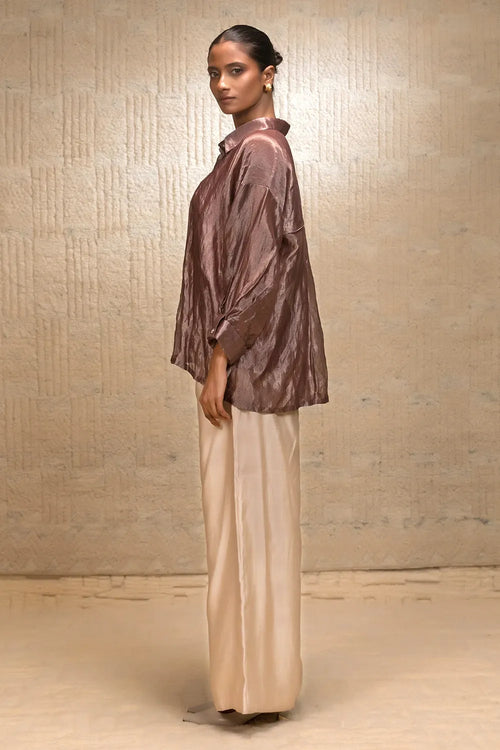 Brown Tissue Stripe Bird Shirt Shirt Set