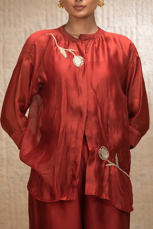 Maroon Tulip Asymmetrical Neck Shirt Set