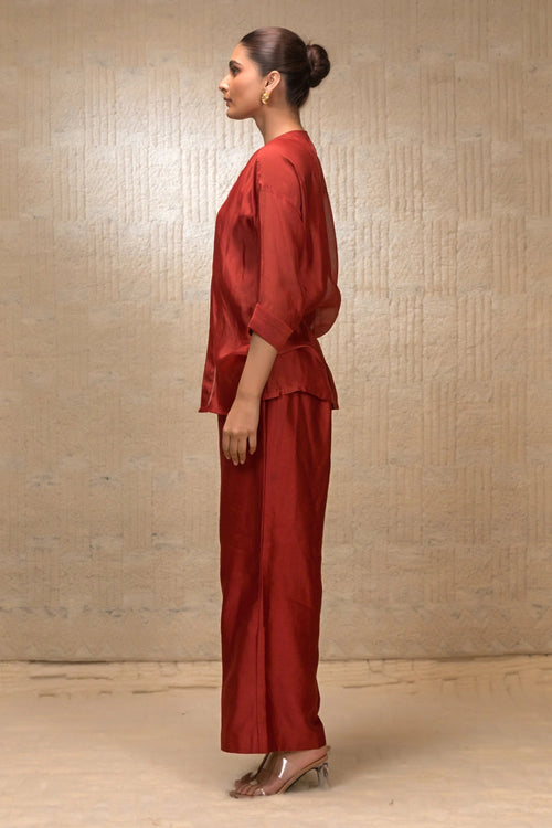 Maroon Tulip Asymmetrical Neck Shirt Set