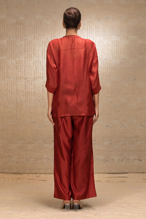 Maroon Tulip Asymmetrical Neck Shirt Set