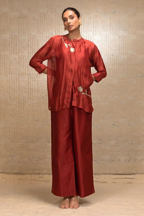 Maroon Tulip Asymmetrical Neck Shirt Set