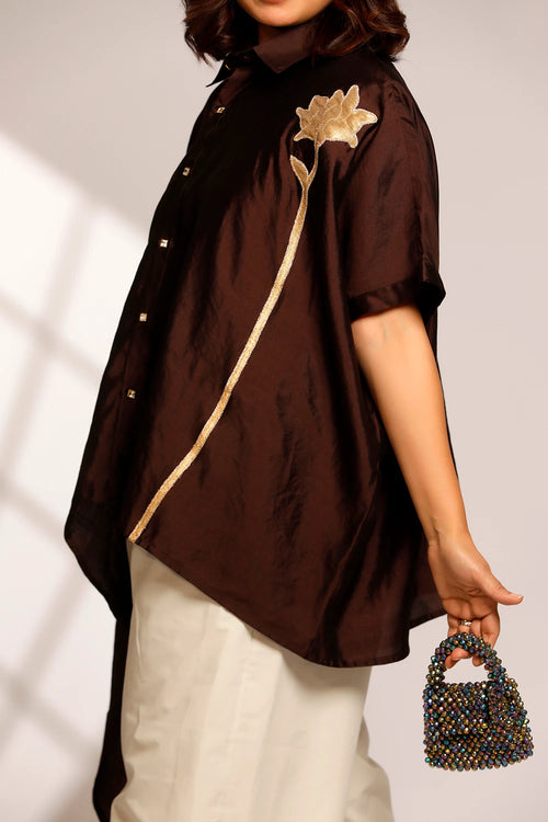 Brown Asymmetrical Rose Shirt