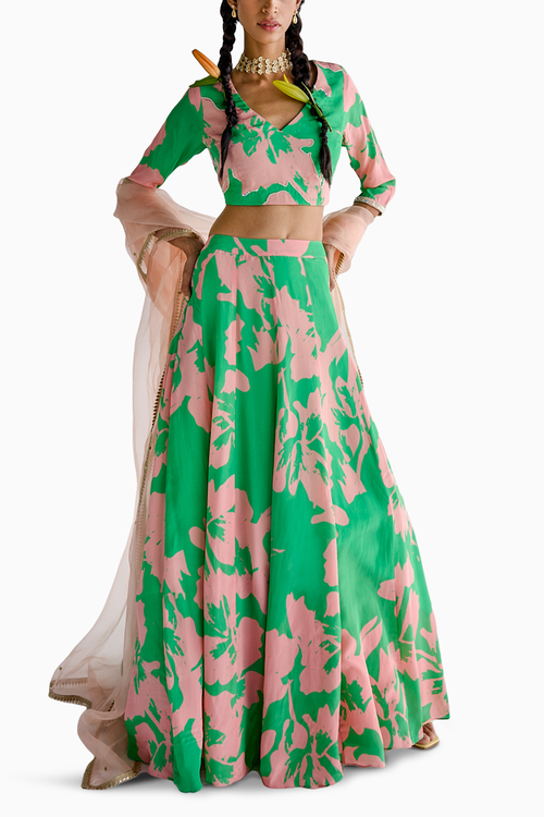 Green Print Lehenga