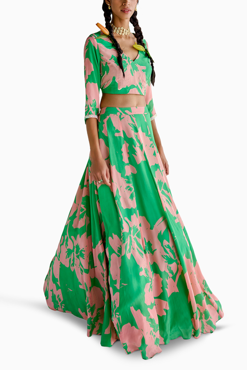 Green Print Lehenga