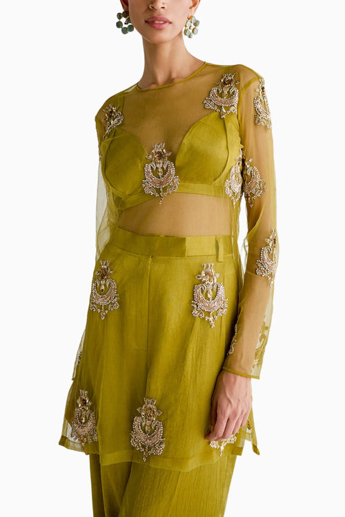 Lime Net Embroidered Kurta Set