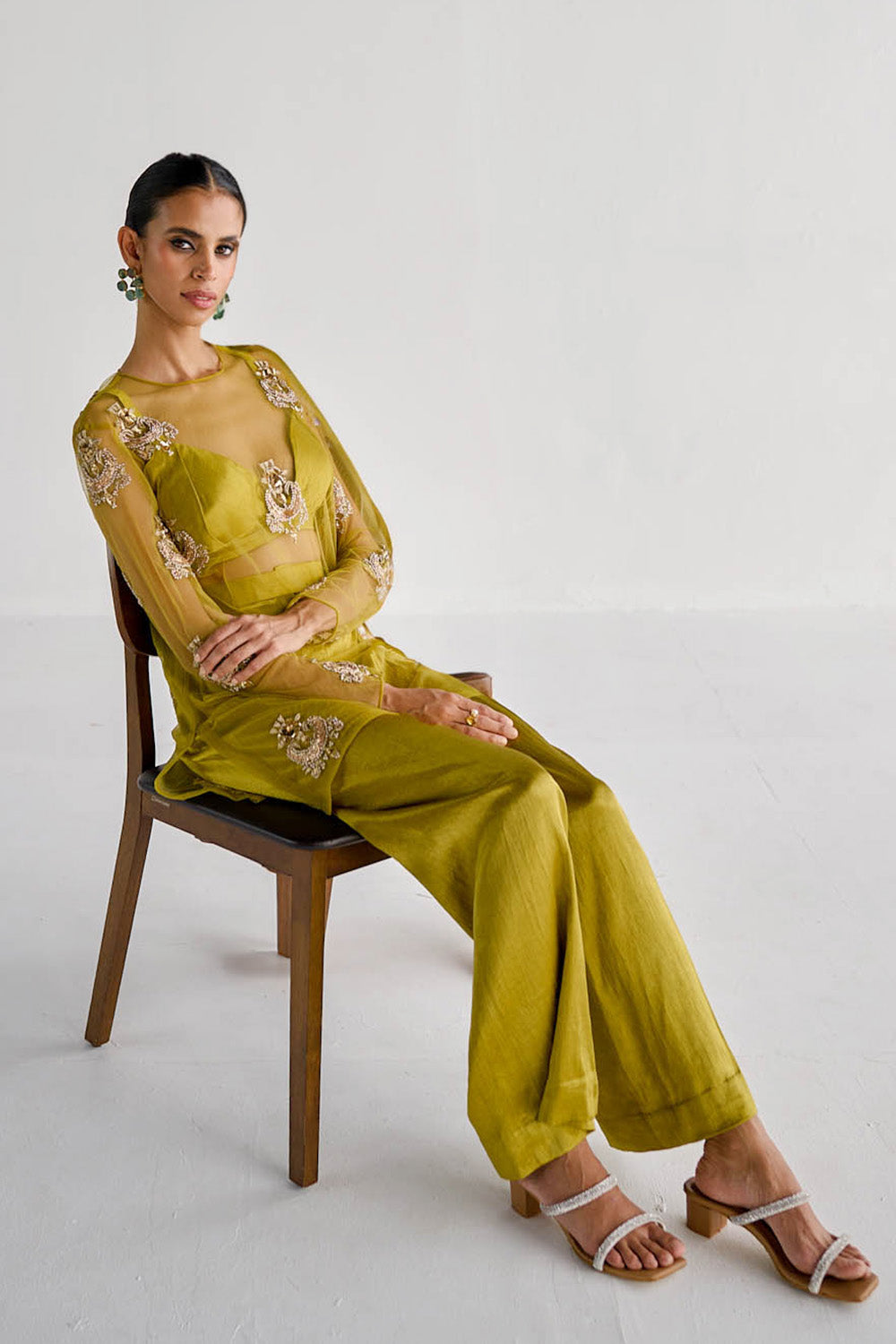 Lime Net Embroidered Kurta Set