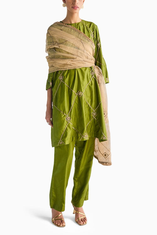 Olive Green Embroidered Kurta Set