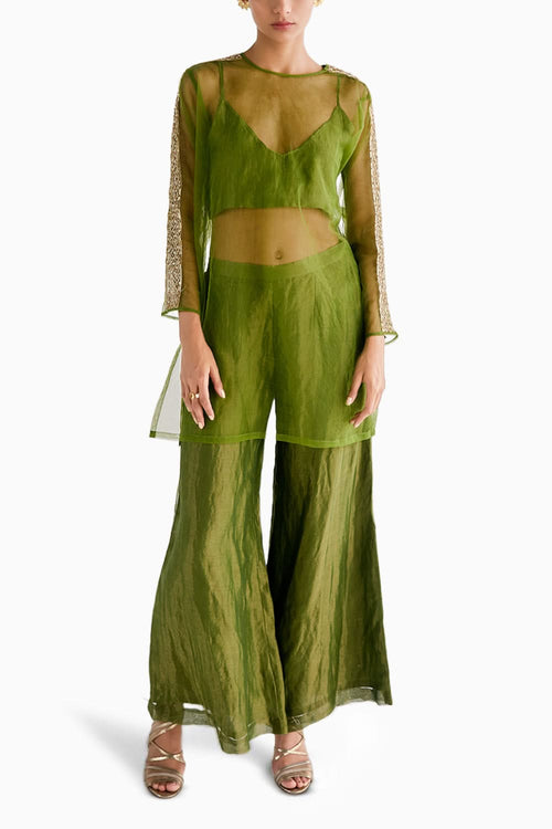 Green Net Embroidered Kurta Set