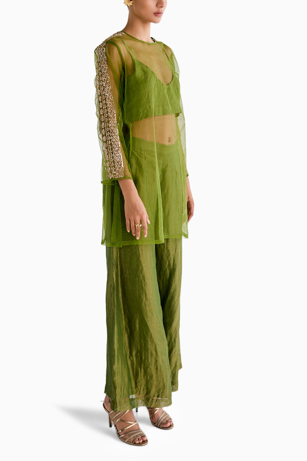 Green Net Embroidered Kurta Set