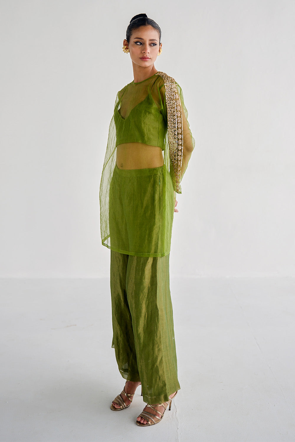 Green Net Embroidered Kurta Set