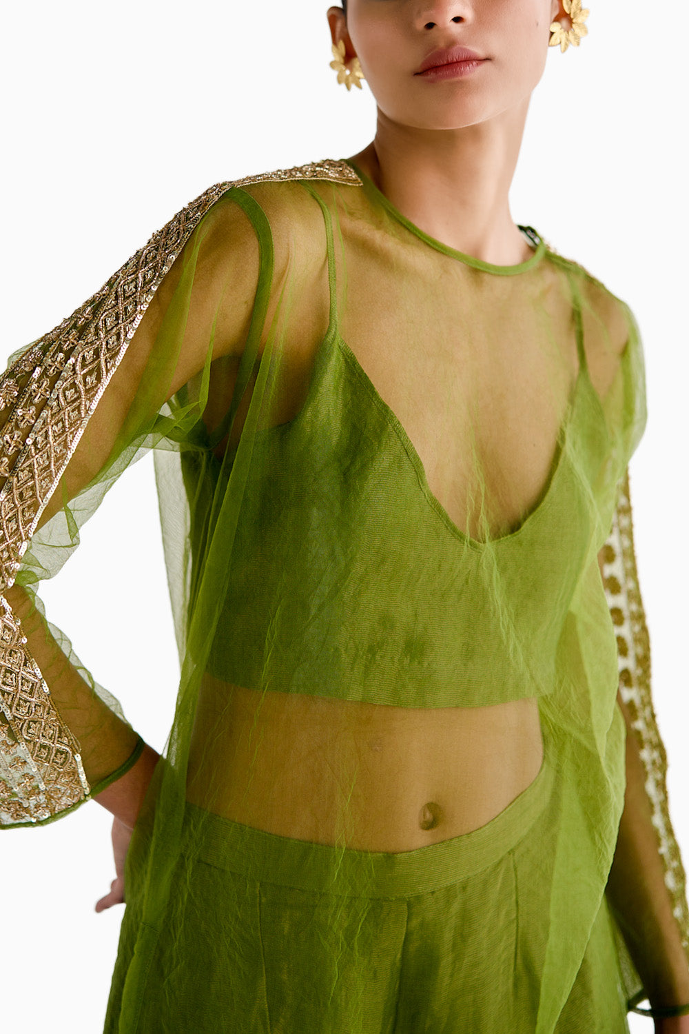 Green Net Embroidered Kurta Set