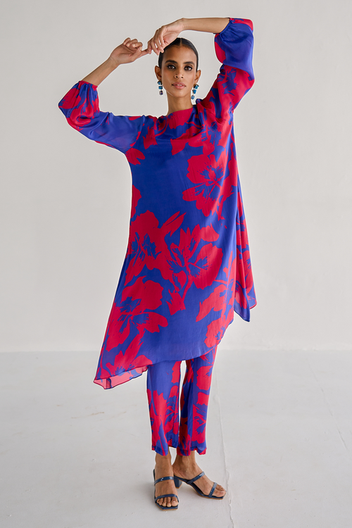 Blue Print A Line Kurta Pants