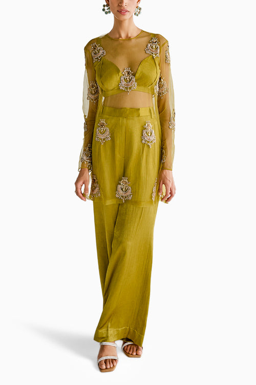 Lime Net Embroidered Kurta Set