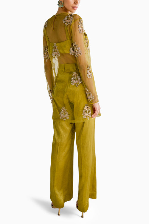 Lime Net Embroidered Kurta Set