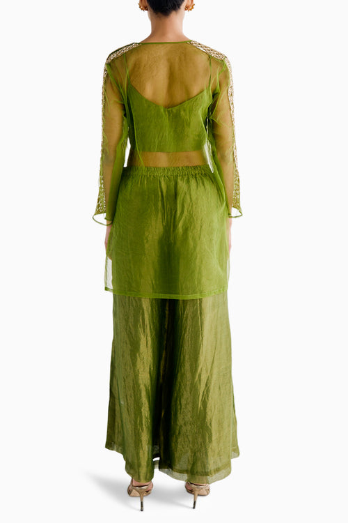 Green Net Embroidered Kurta Set