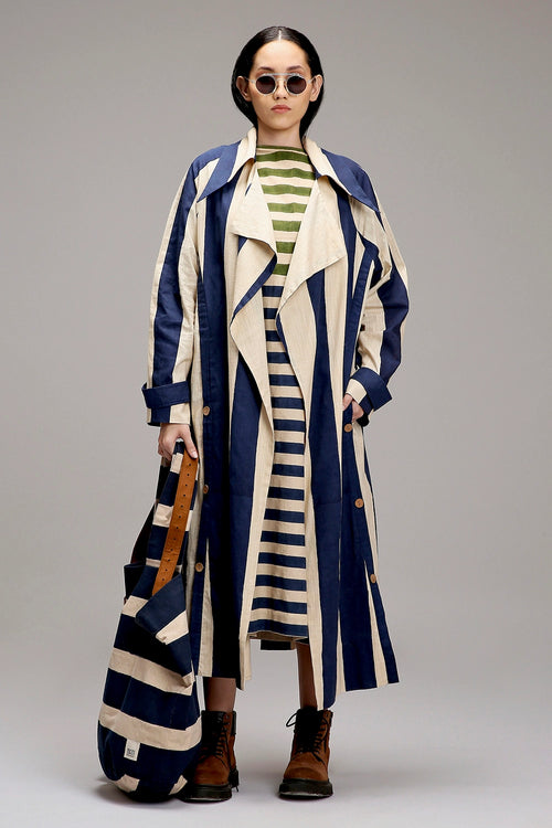 Egg-Shell Blue And Green Dual Stripe Dress Jacket Set