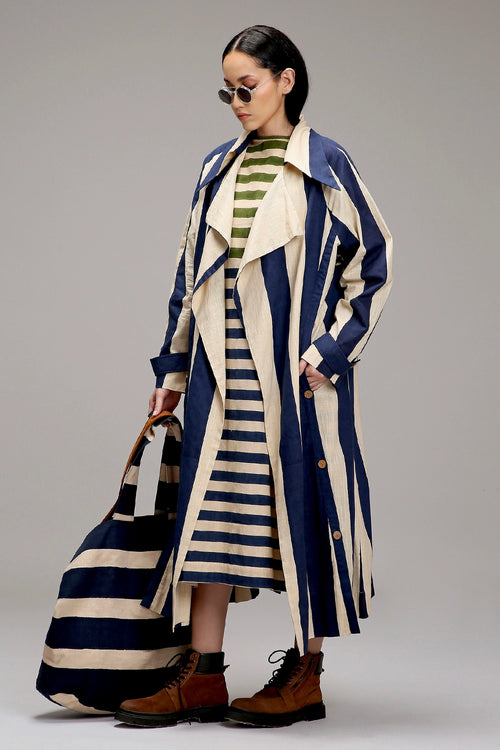 Egg-Shell Blue And Green Dual Stripe Dress Jacket Set