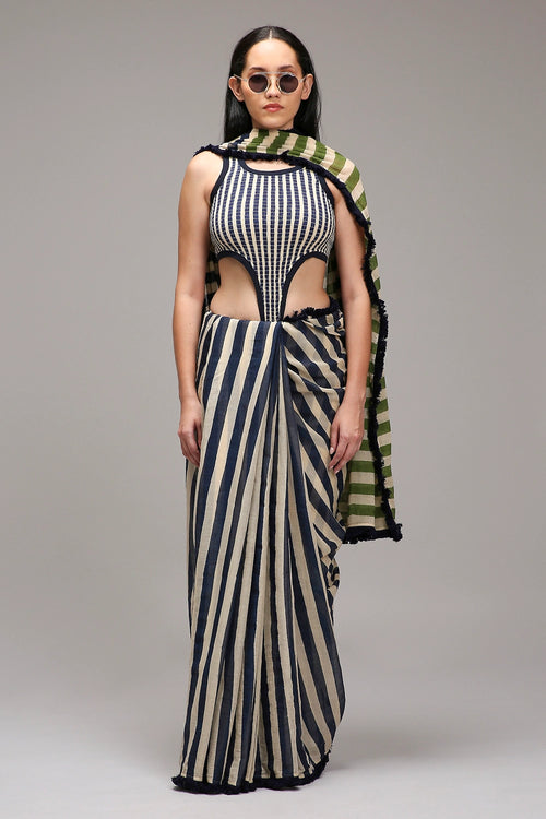 Egg-Shell Blue Green Dual Striped Saree