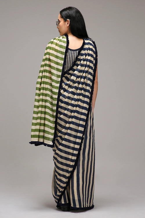 Egg-Shell Blue Green Dual Striped Saree