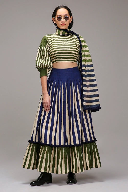 Egg-Shell Crop Top Dual Striped Stole Skirt Set (3 PCS)
