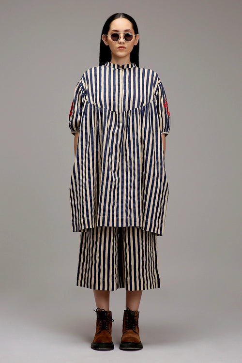 Egg-Shell Blue Striped Short Acra Tunic Set