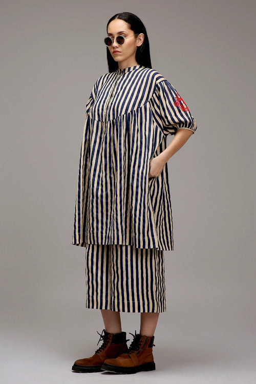 Egg-Shell Blue Striped Short Acra Tunic Set