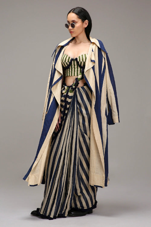Egg-Shell Corset with Trench & Dual Striped Saree Set (3 PCS)