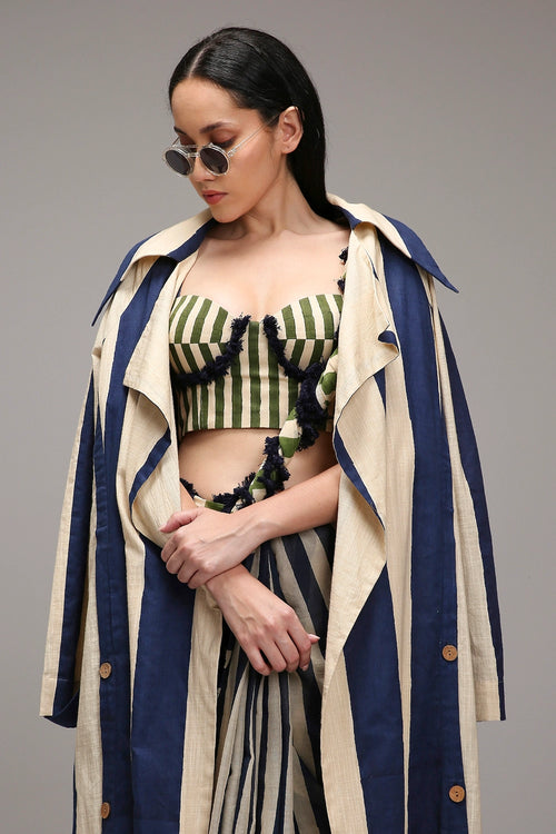 Egg-Shell Corset with Trench & Dual Striped Saree Set (3 PCS)