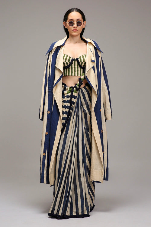 Egg-Shell Corset with Trench & Dual Striped Saree Set (3 PCS)
