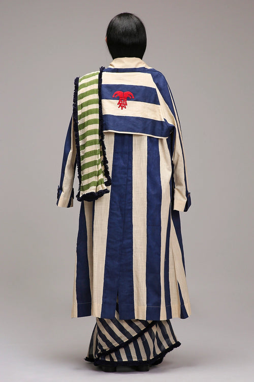 Egg-Shell Corset with Trench & Dual Striped Saree Set (3 PCS)