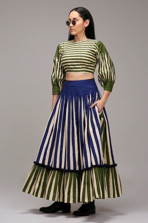 Egg-Shell Crop Top Dual Striped Stole Skirt Set (3 PCS)