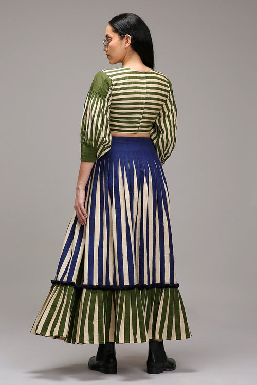 Egg-Shell Crop Top Dual Striped Stole Skirt Set (3 PCS)