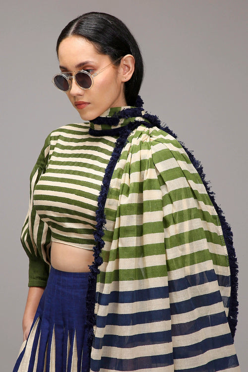 Egg-Shell Crop Top Dual Striped Stole Skirt Set (3 PCS)